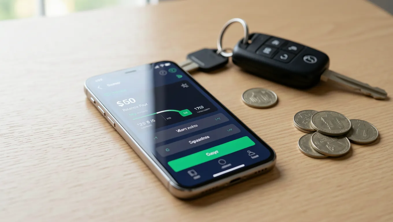 Smartphone showing a $500 personal loan balance next to car keys.