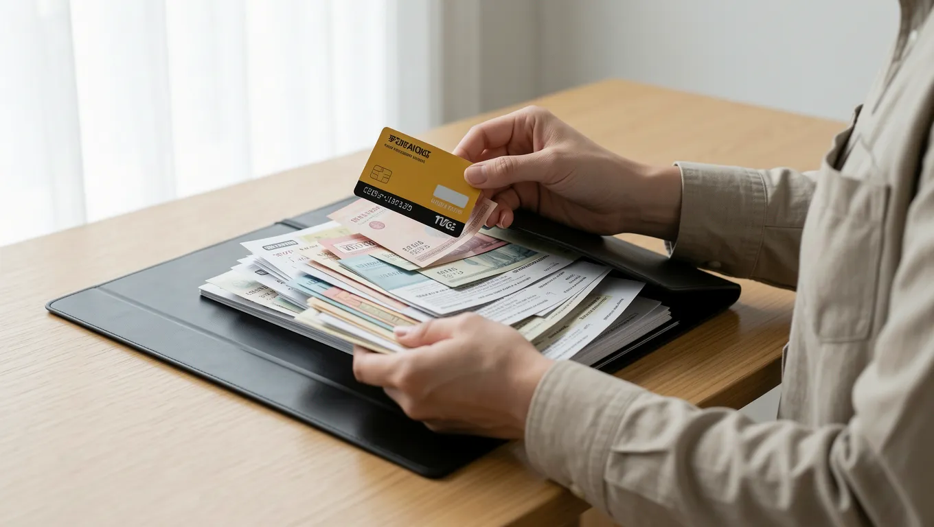 Person organizing multiple monthly bills to prepare for best debt consolidation loans.