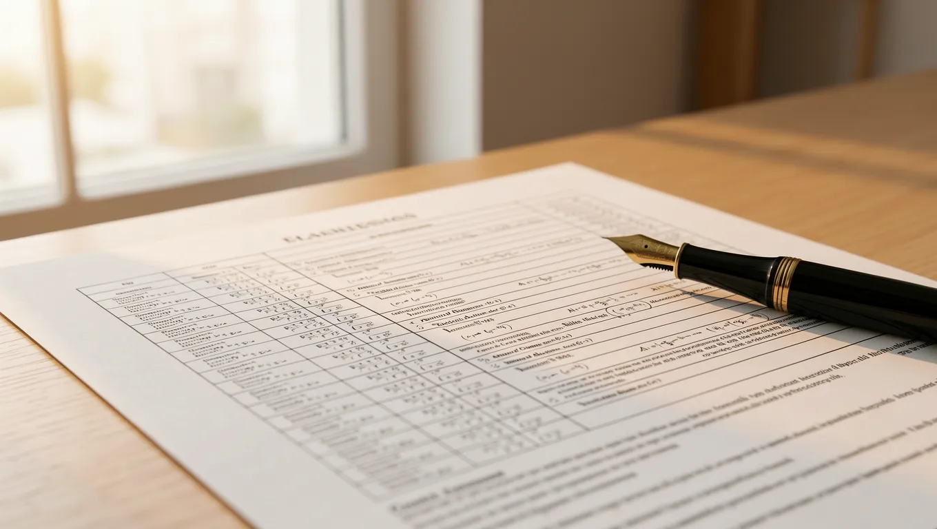 Fountain pen next to detailed loan agreement math tables