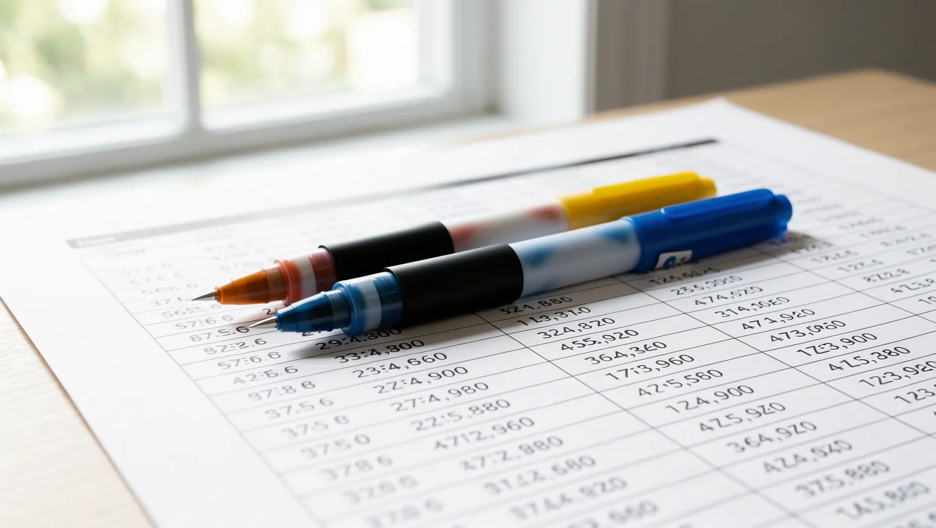 Two pens resting on an amortization schedule showing interest math
