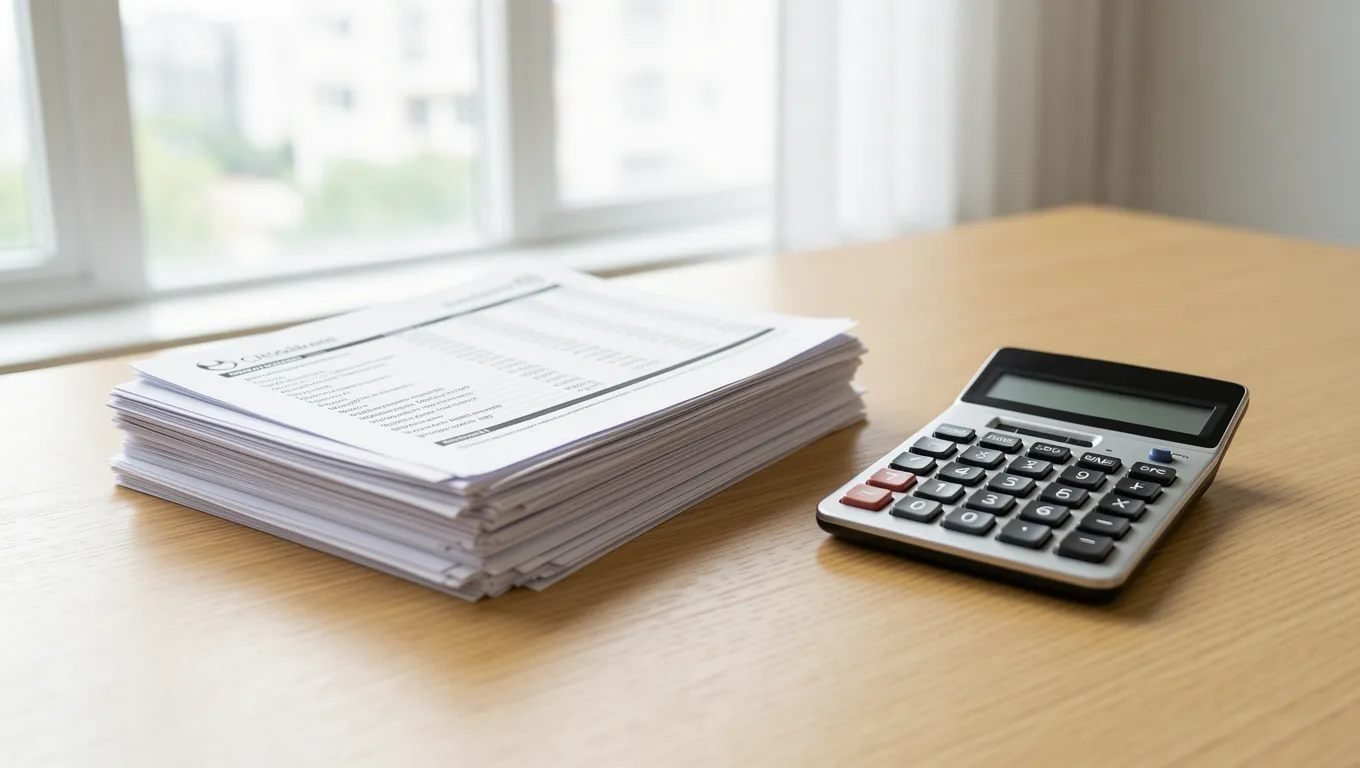 Organized financial documents and a calculator on a sunny desk
