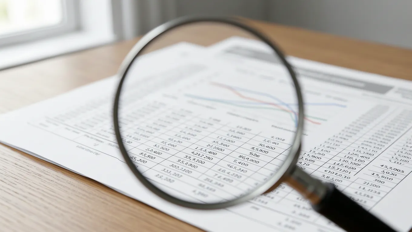 A credit report being examined with a magnifying glass for accuracy
