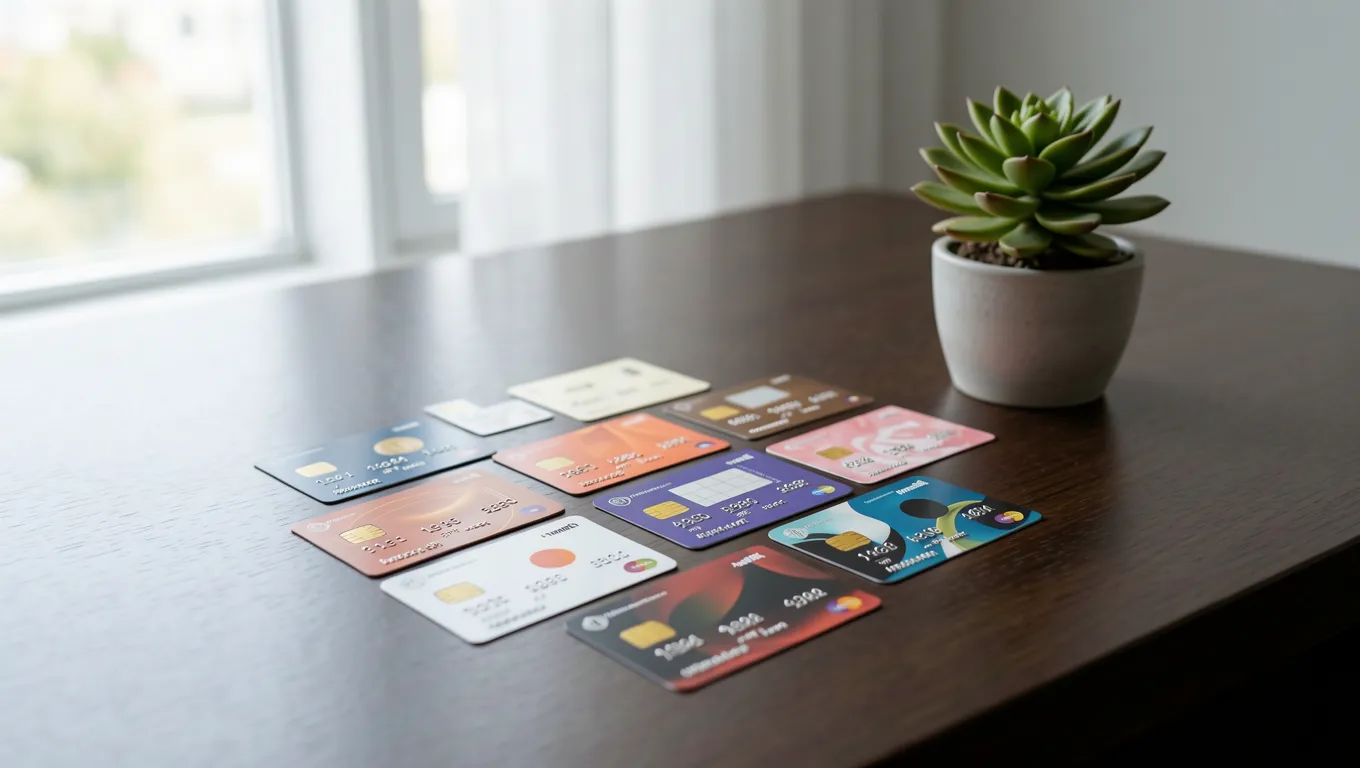 Various colorful credit cards resting on a wooden desk