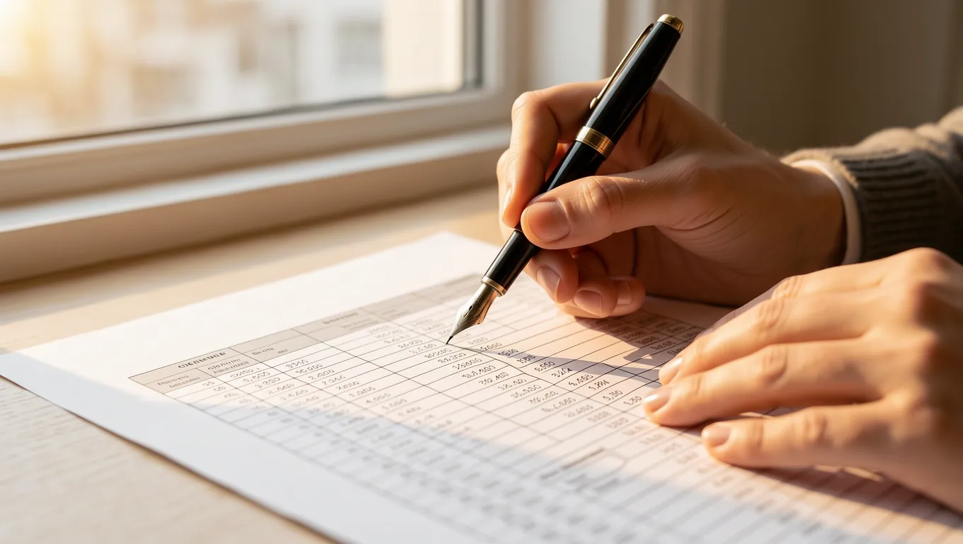 Hands writing in a financial ledger with a pen