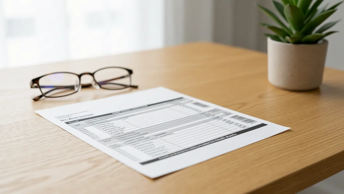 A professional credit report resting on an organized wooden workspace