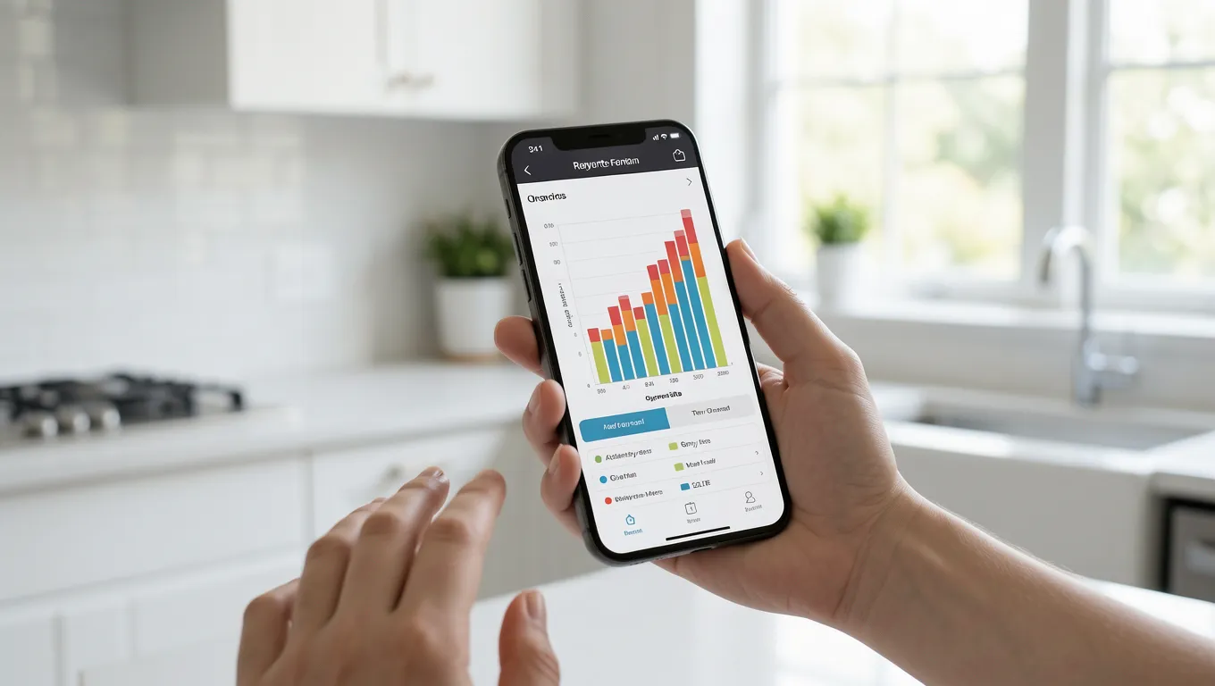 Hands holding a mobile phone with upward trending financial graphs