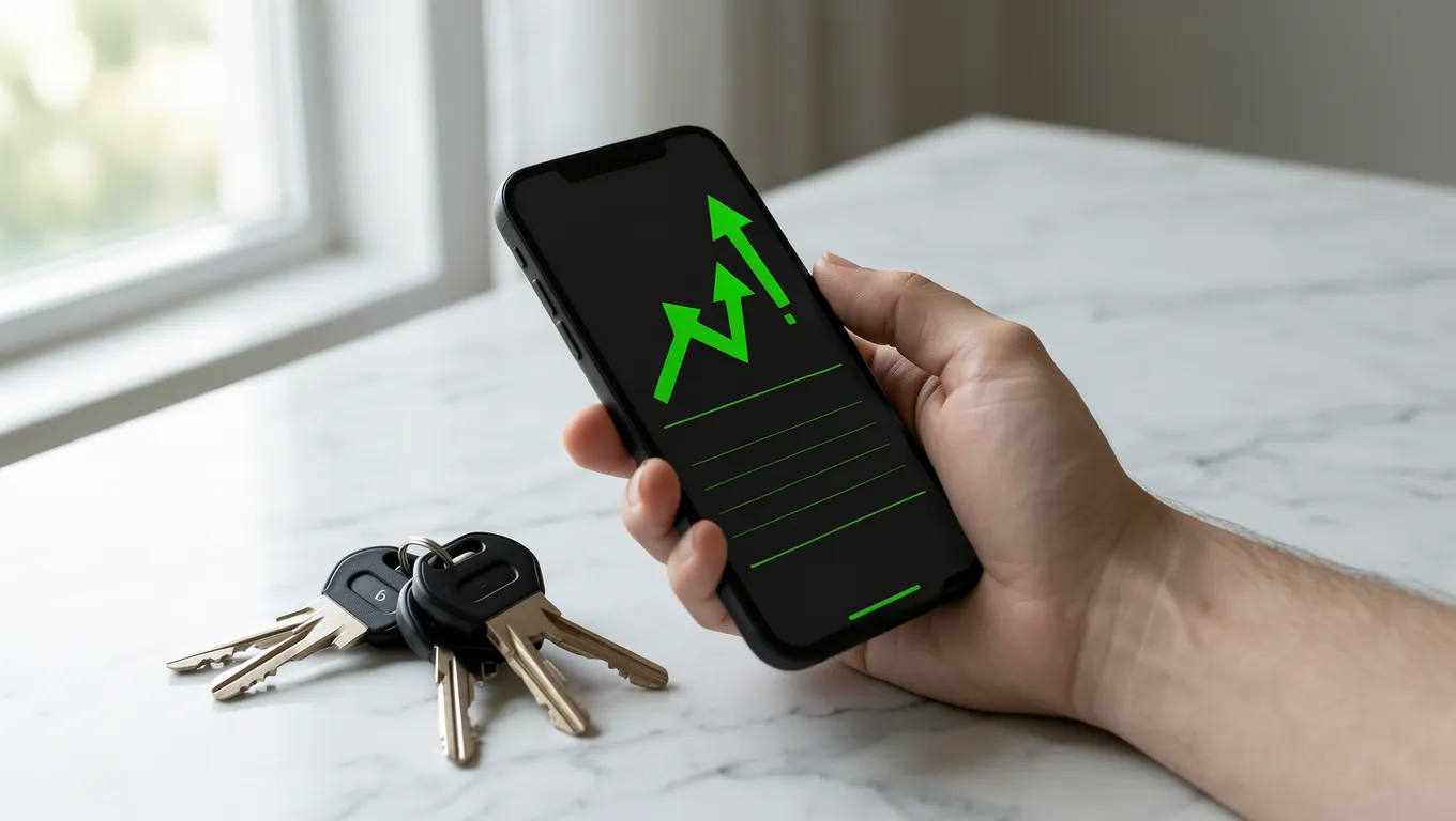 Hand holding a smartphone displaying rising financial trends