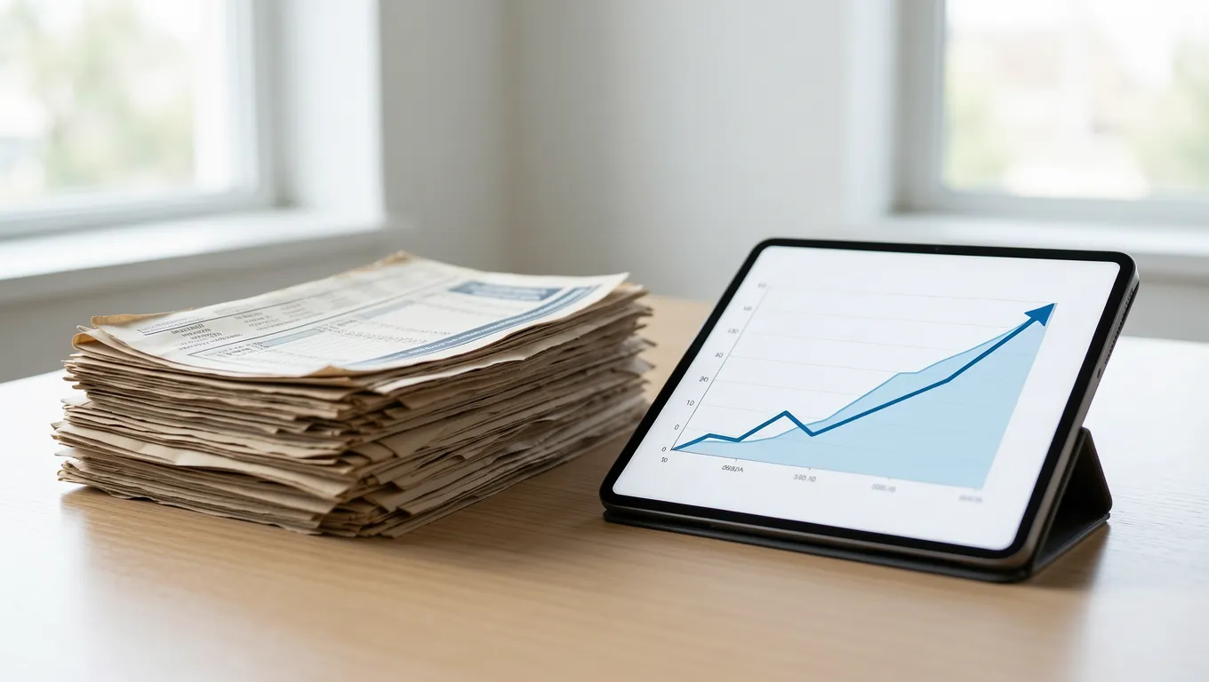Financial documents and a tablet displaying a growing credit score graph