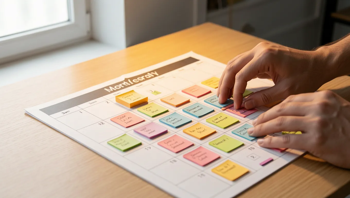 Person planning out monthly debt payments using a physical calendar