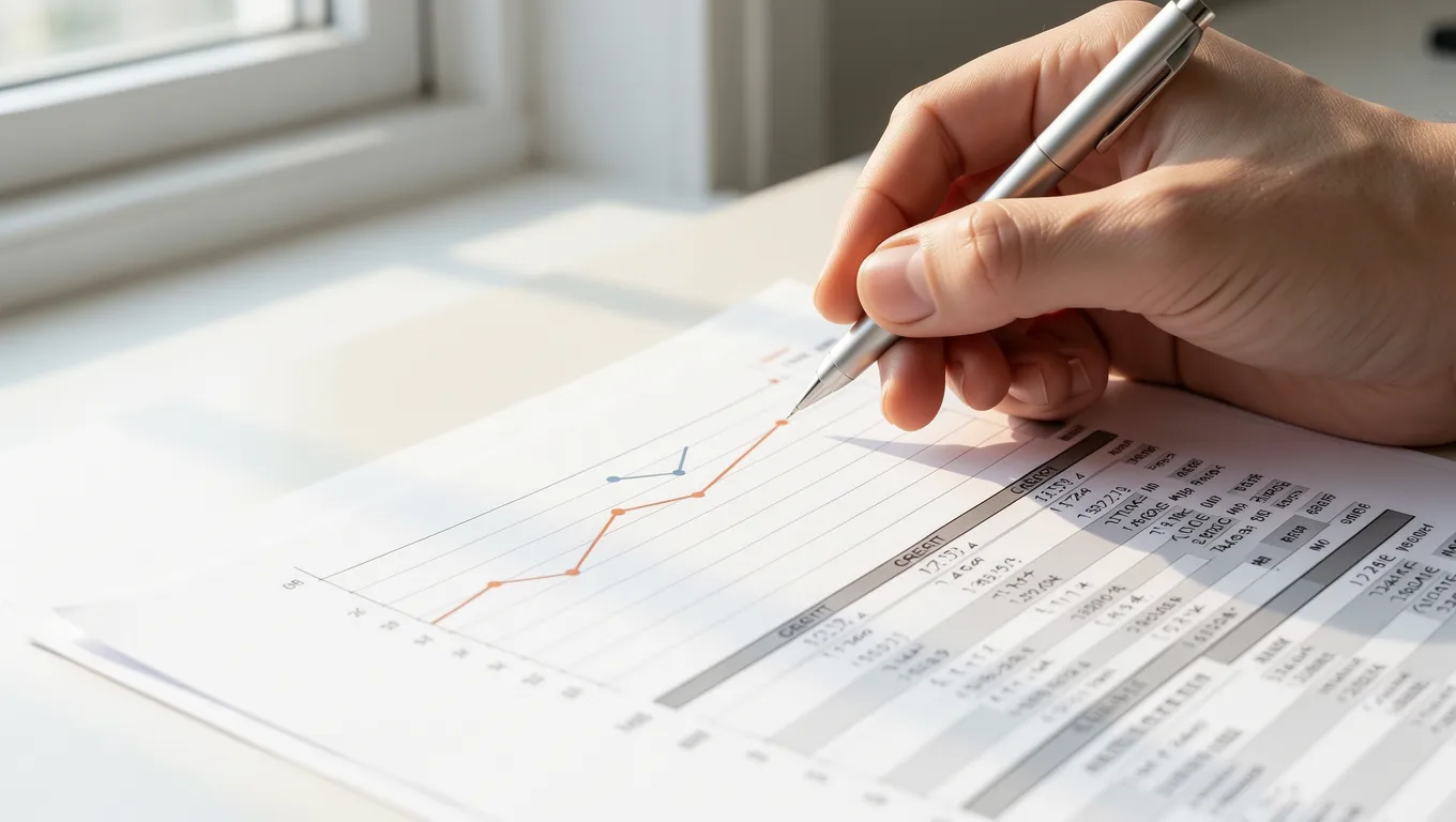 Hand tracing an increasing line graph on a credit report document