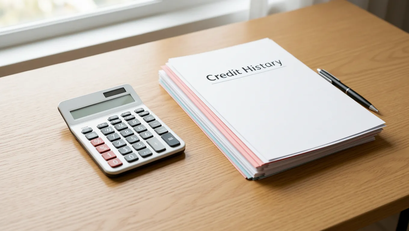 Organized workspace with a calculator and credit history folders