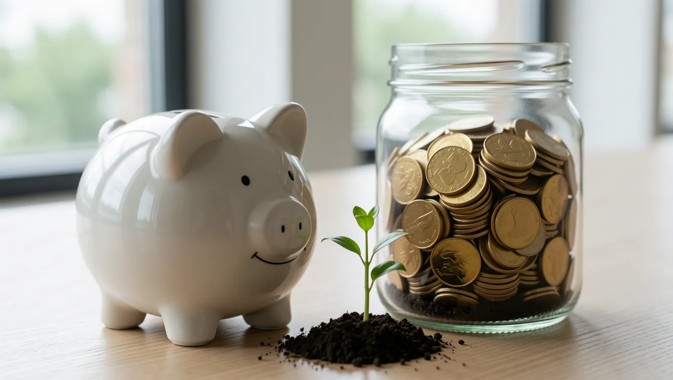 A ceramic piggy bank and a sprouting plant representing financial growth