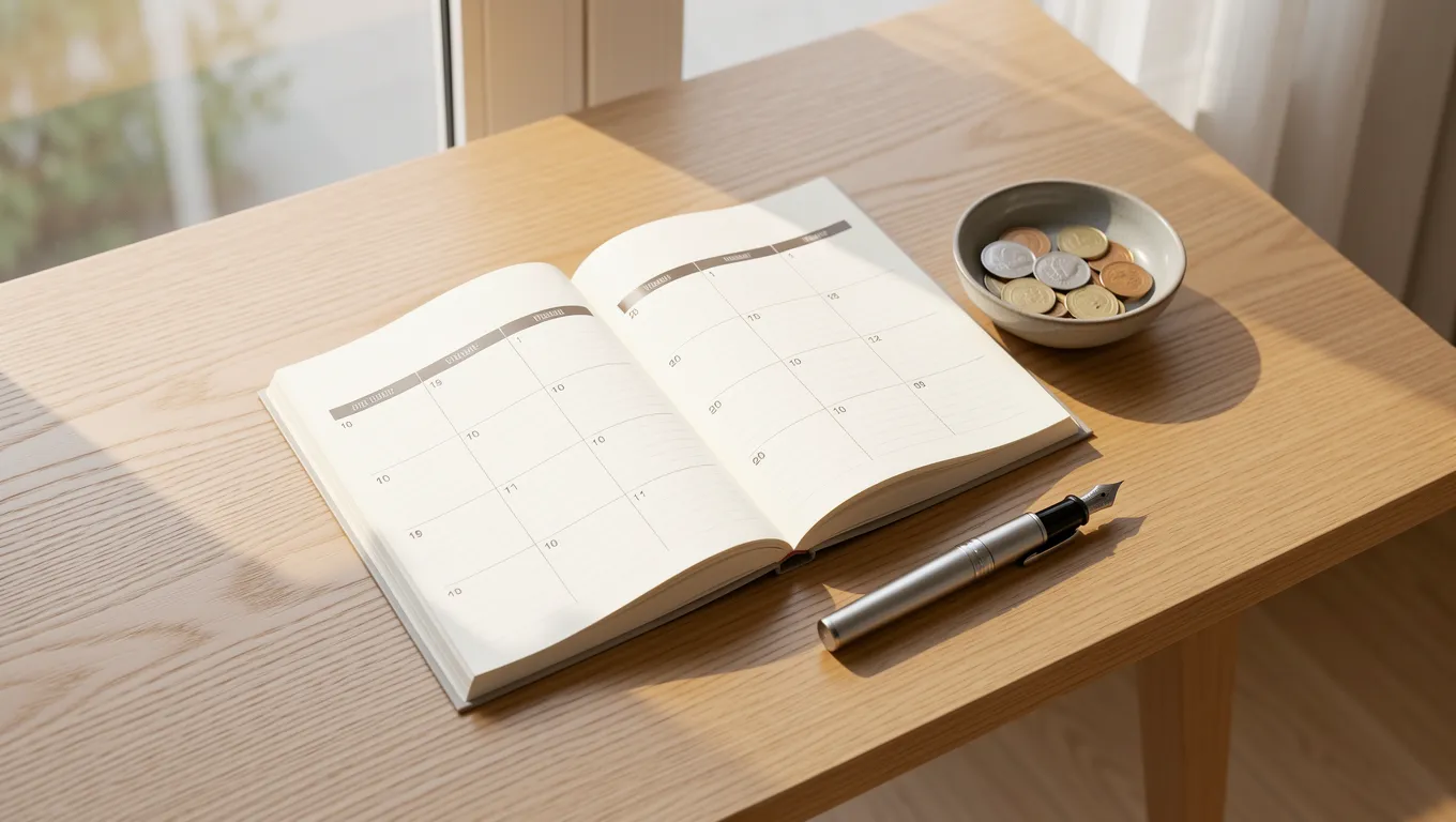 A minimalist workspace featuring a paper planner and coins under soft light