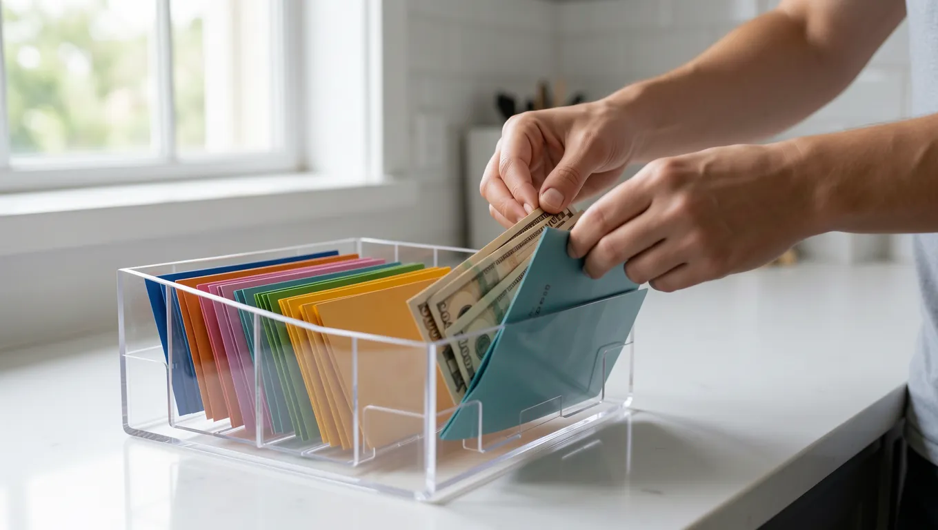 Hands organizing color coded cash envelopes for budgeting purposes