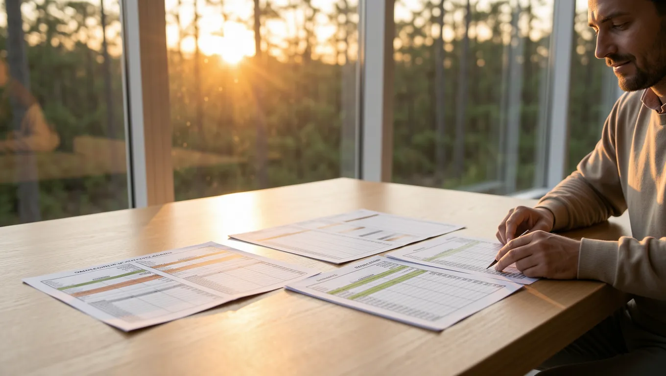 Landscape architect reviewing seasonal income charts on a desk