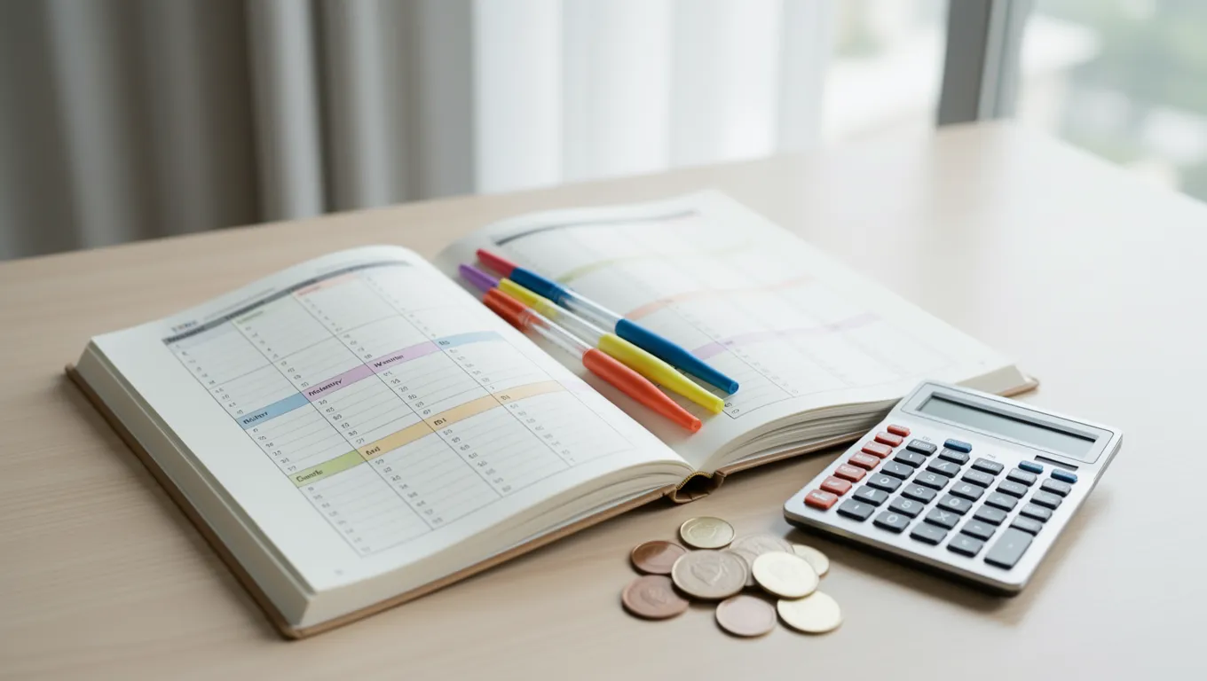 A physical monthly budget planner with a calculator and coins