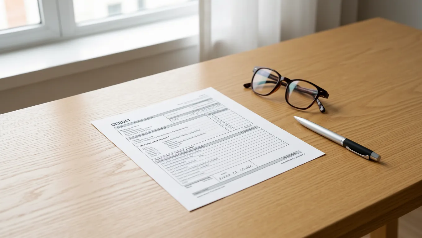 A printed credit report with reading glasses on a desk