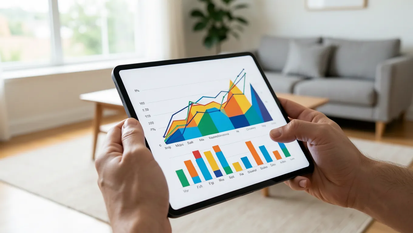 A person monitoring financial growth charts on a digital tablet