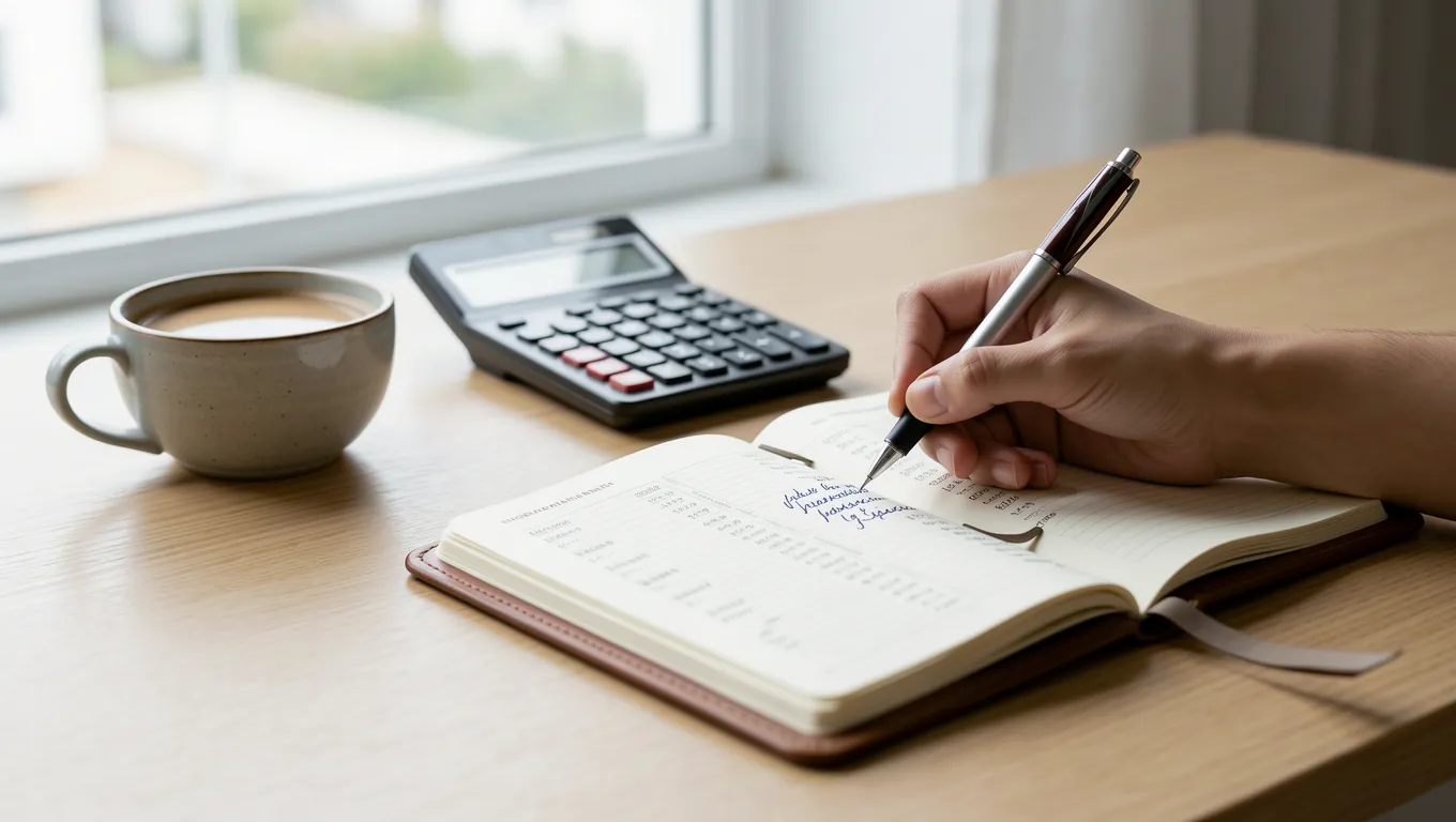 Hand writing financial notes in a planner with a calculator