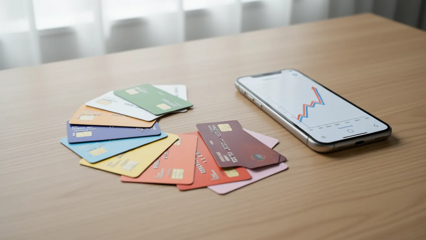 Credit cards and a smartphone showing an increasing financial graph