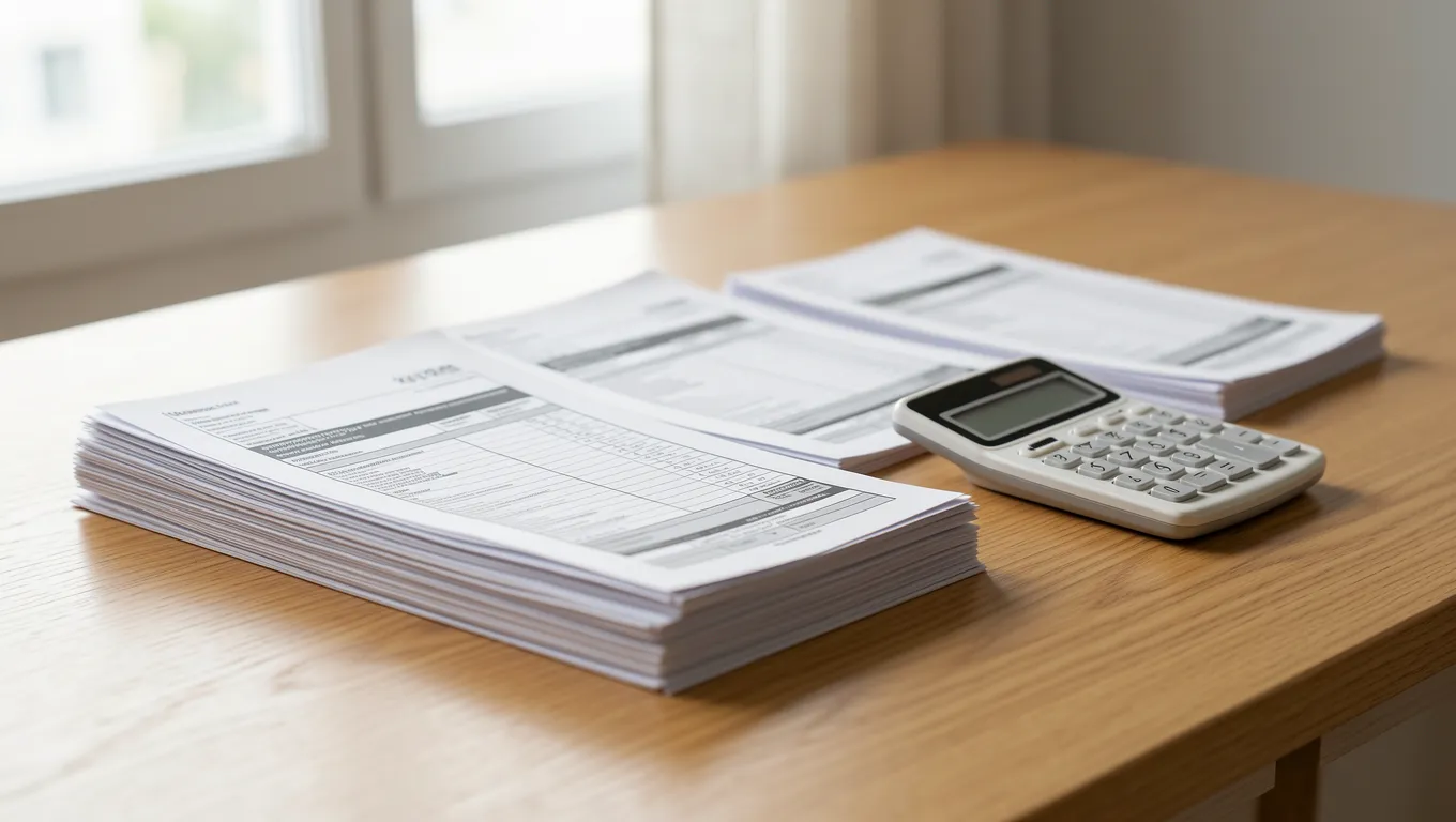 Organized financial documents including tax forms and utility bills on a desk