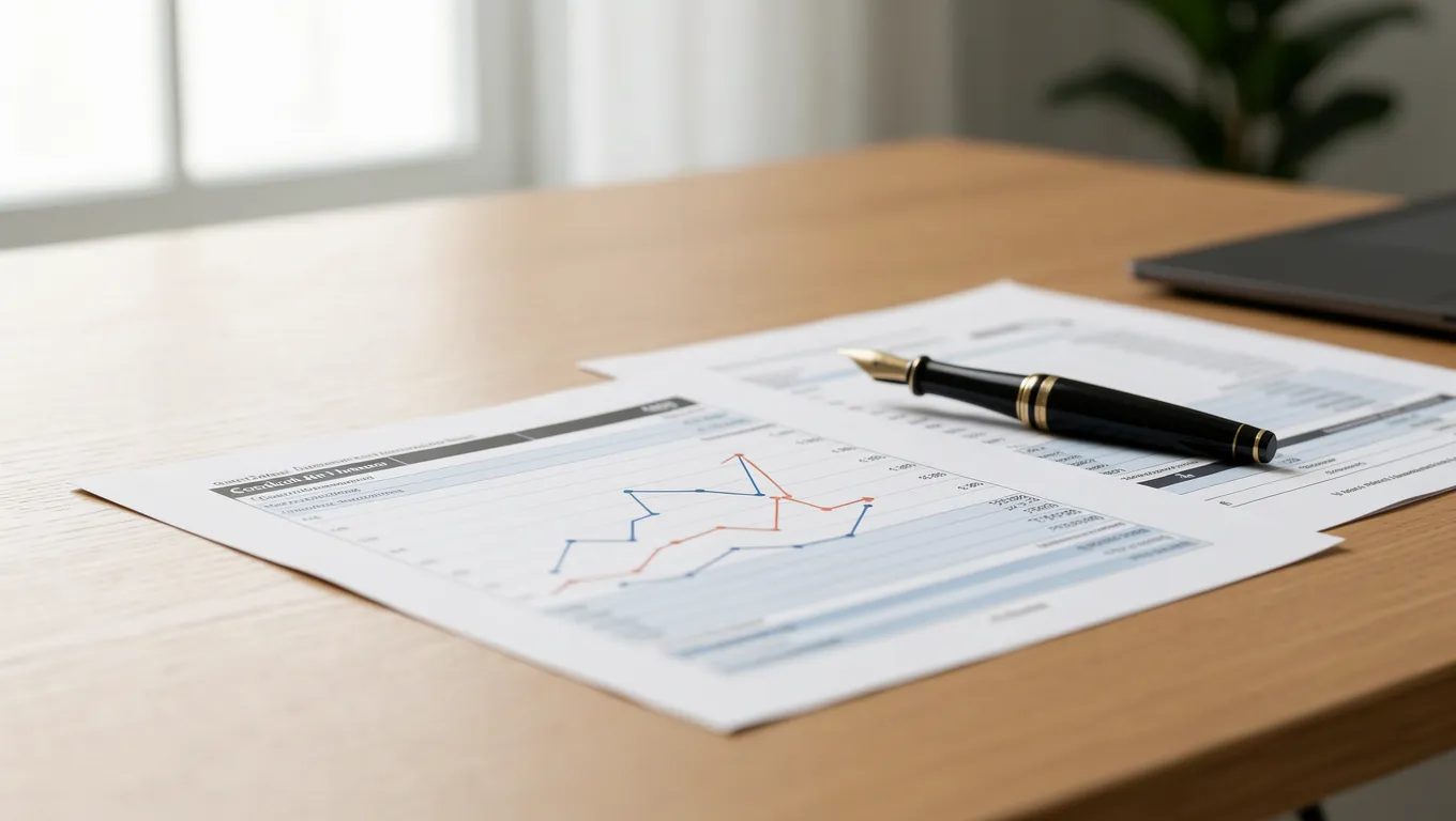 Financial planner on a desk showing upward trending credit score graphs