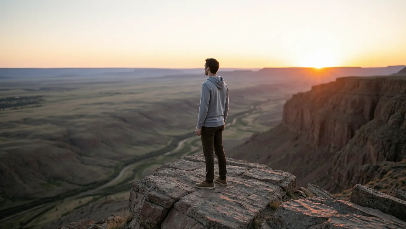 Person looking over a vast mountain valley in Wyoming at sunrise