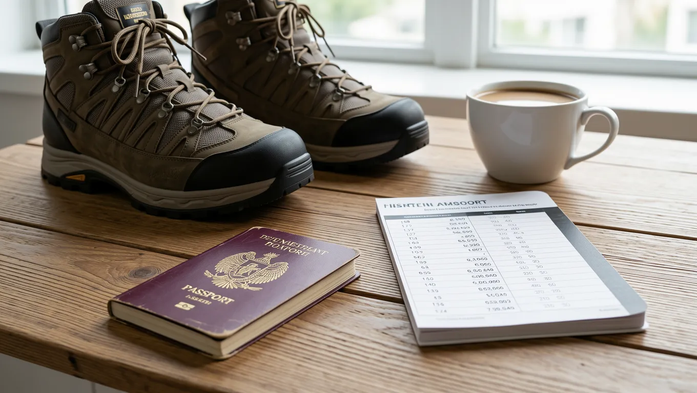 Travel items and a financial planner on a wooden table