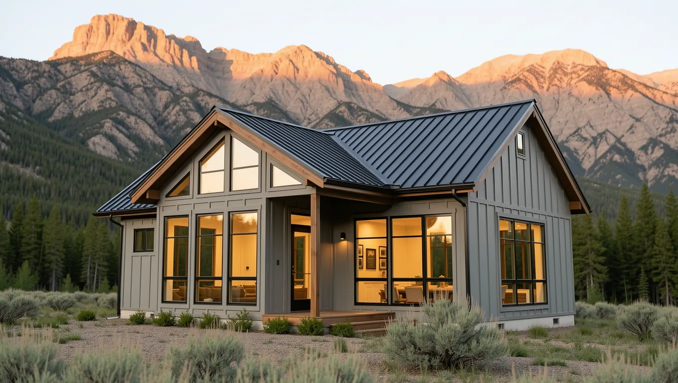 Modern house in Wyoming landscape at sunset