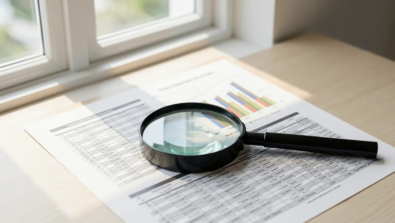 Magnifying glass over a financial report showing credit data
