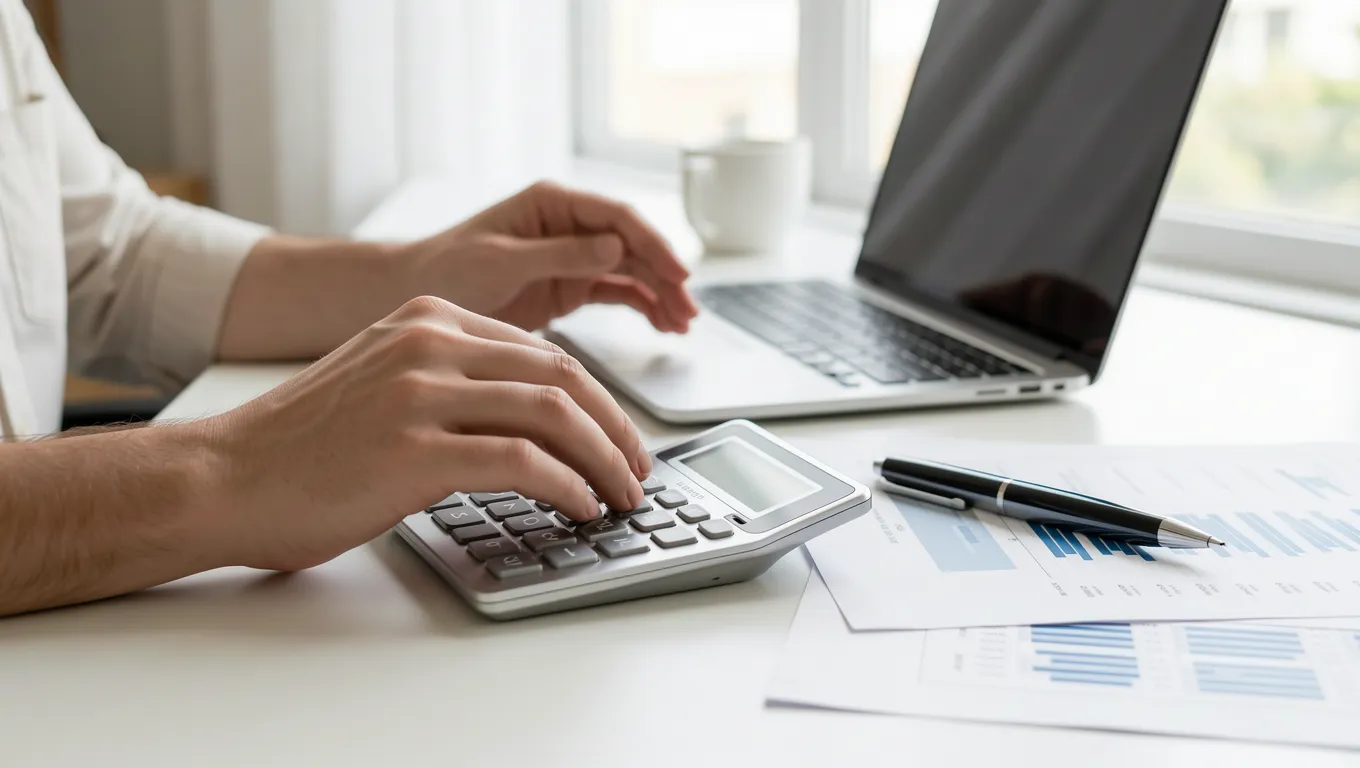 Hands using a calculator and pen near financial papers