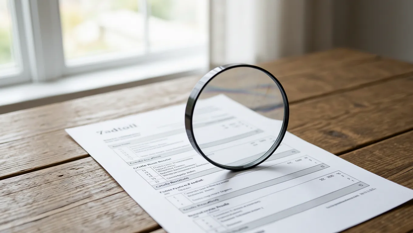 Magnifying glass over a credit report on a wooden table
