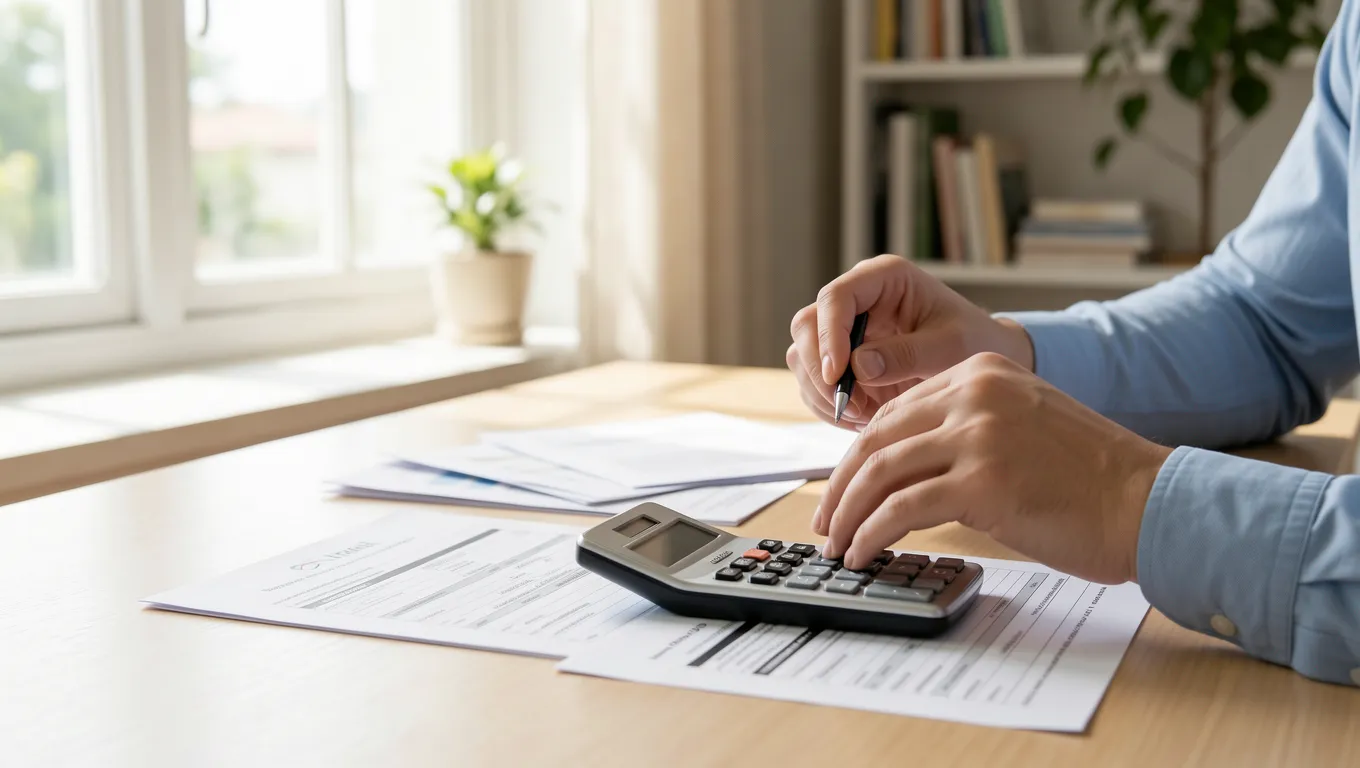 Person organizing financial documents and a calculator