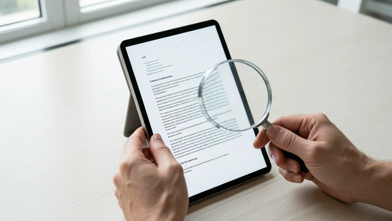 Person inspecting contract fine print with a magnifying glass