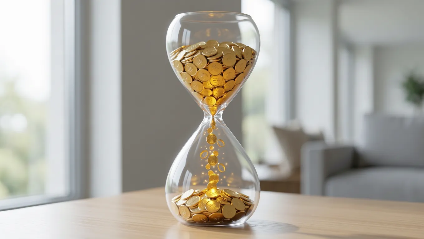 A symbolic hourglass with gold coin sand representing credit history over time