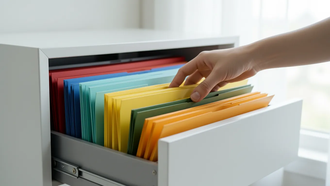 Hands organizing colorful files in a neat office cabinet for financial management