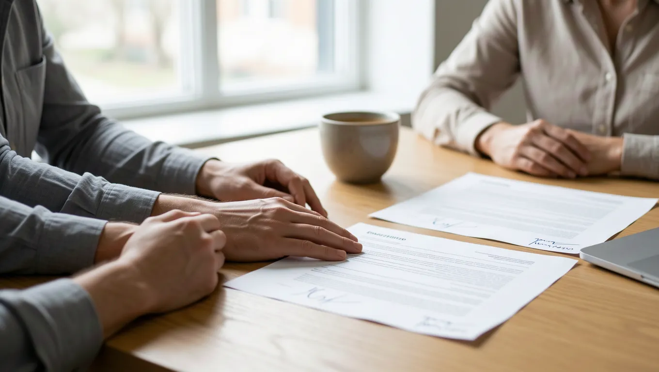 Two people discussing signed financial loan documents at a wooden table