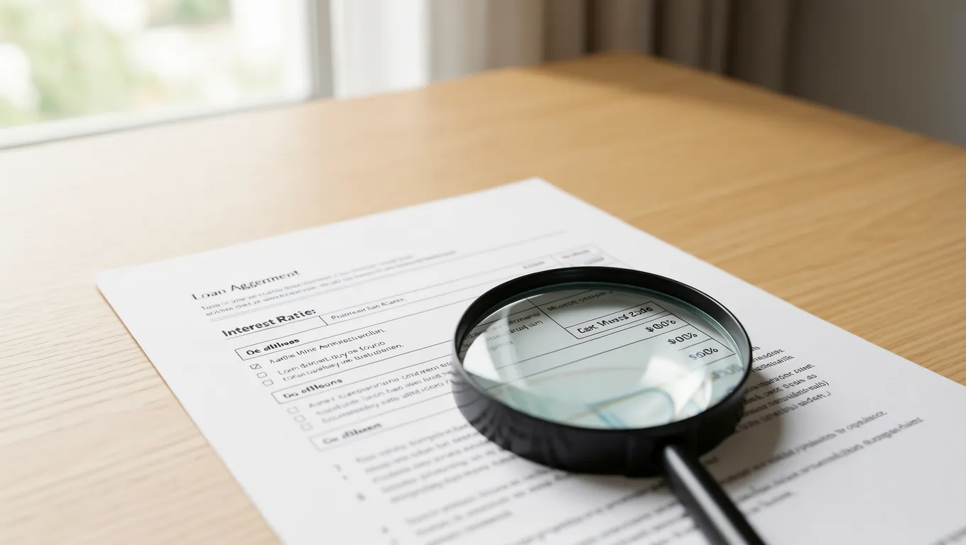 Magnifying glass over a loan agreement interest rate section
