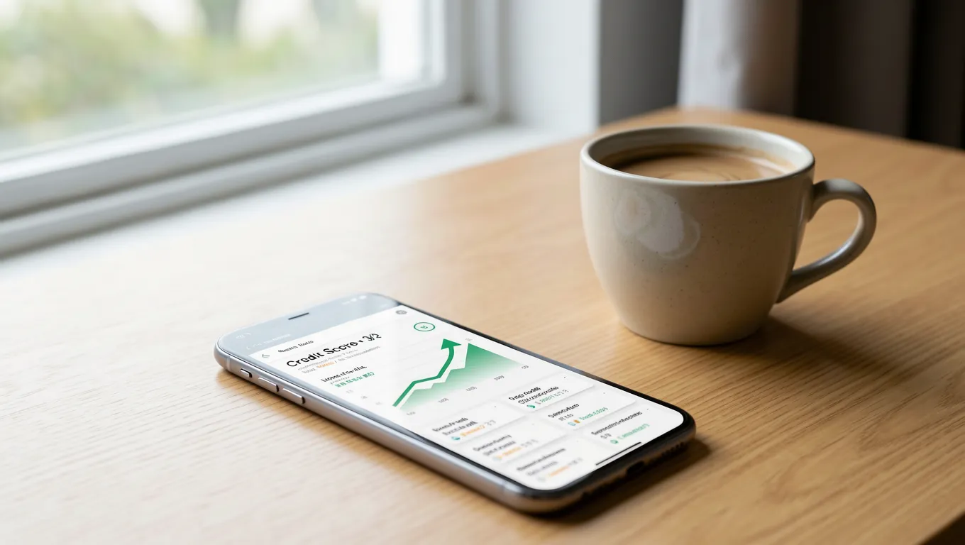A digital credit score dashboard displaying an increasing trend for building your credit with caution.