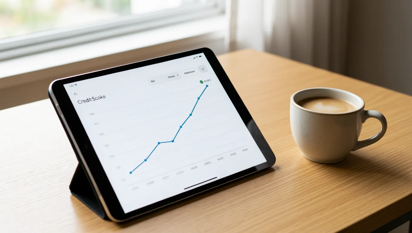 Digital tablet showing a growing credit score via credit building strategies