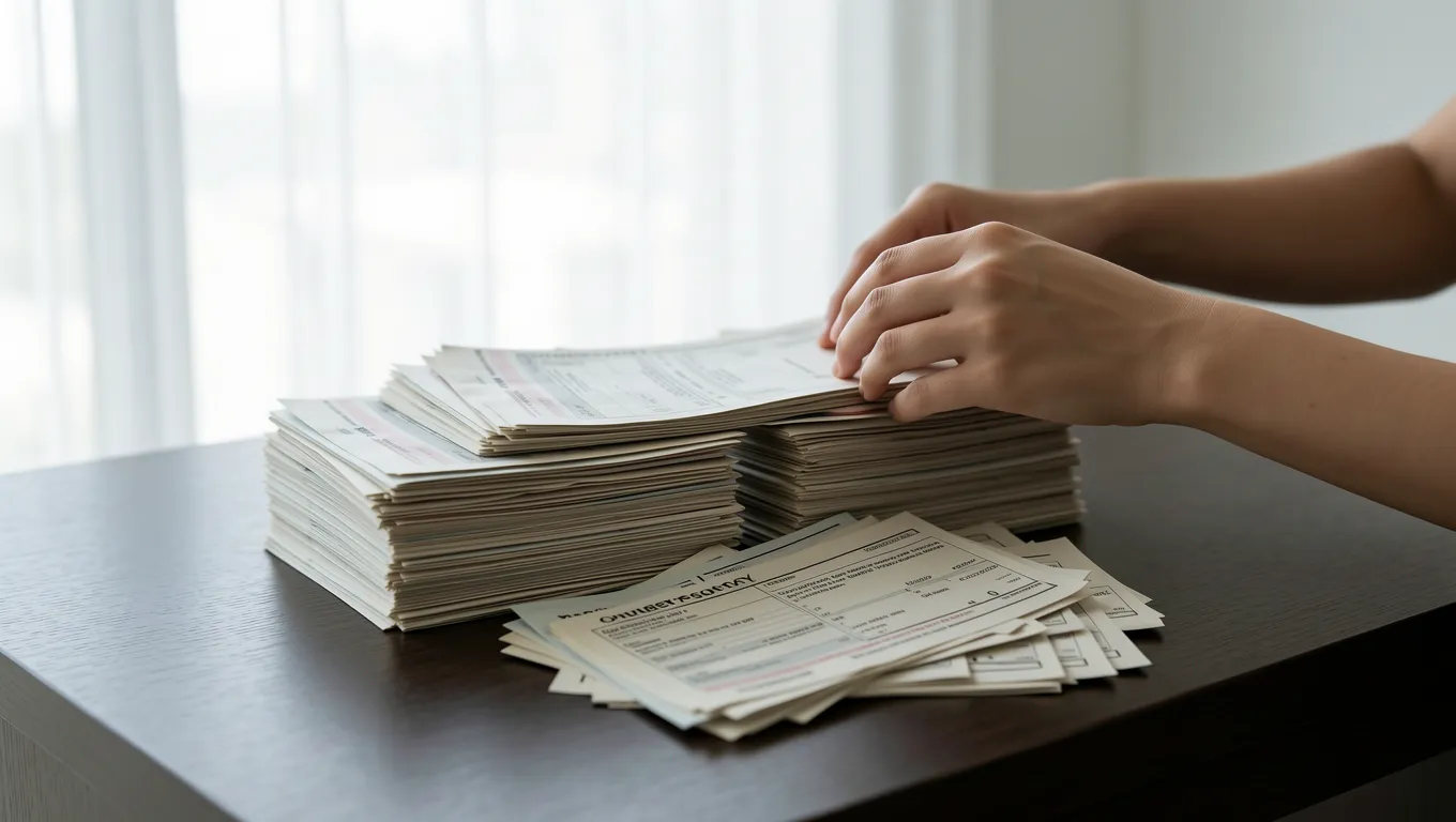 Person organizing overdue bills while managing credit repair defaults.