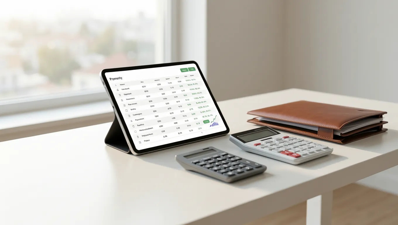 Digital tablet showing installment loan terms and a monthly repayment schedule on a desk.