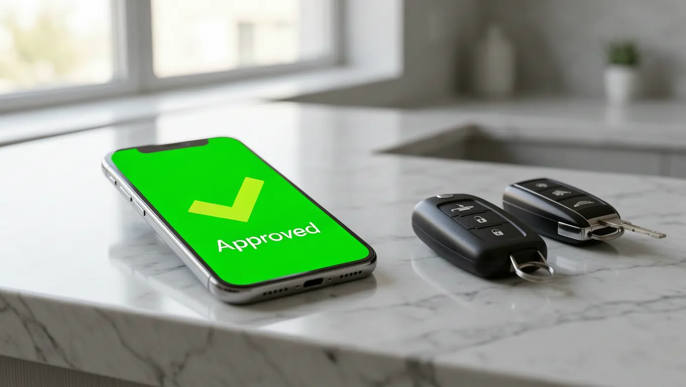Smartphone showing an instant approval notification next to car keys for fast personal loans.