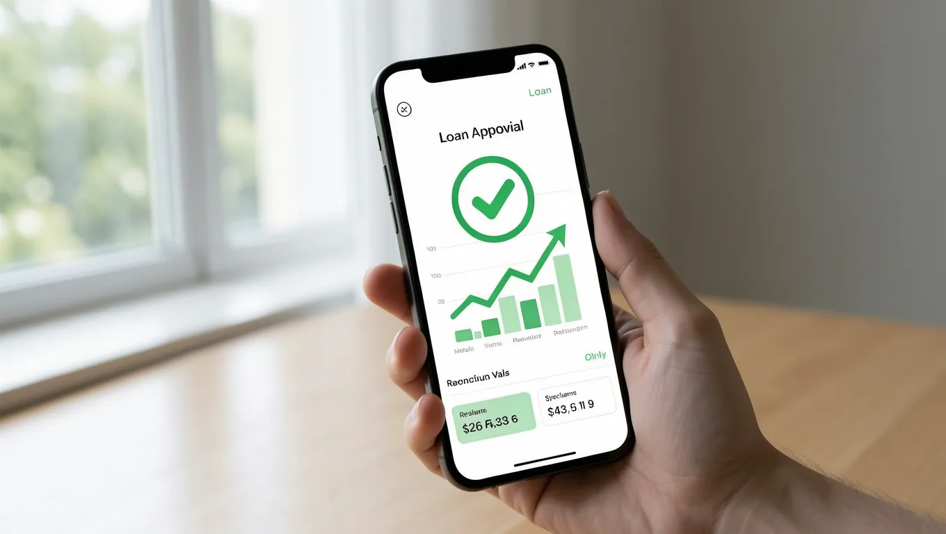 Digital interface showing instant personal loans online approval status on a mobile device