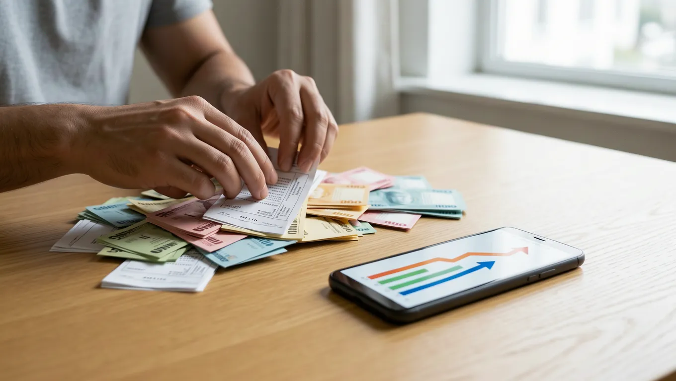 Person organizing finances while viewing loans for poor credit options on a phone