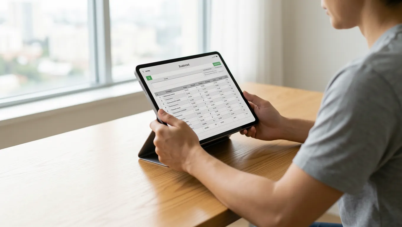 Person reviewing monthly payment personal loans data on a digital tablet.