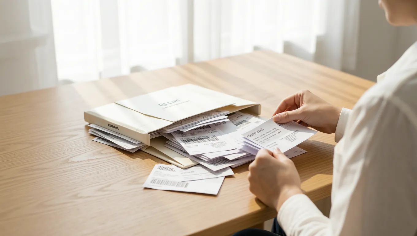 A person organizing multiple debt statements to prepare for personal loans for debt consolidation