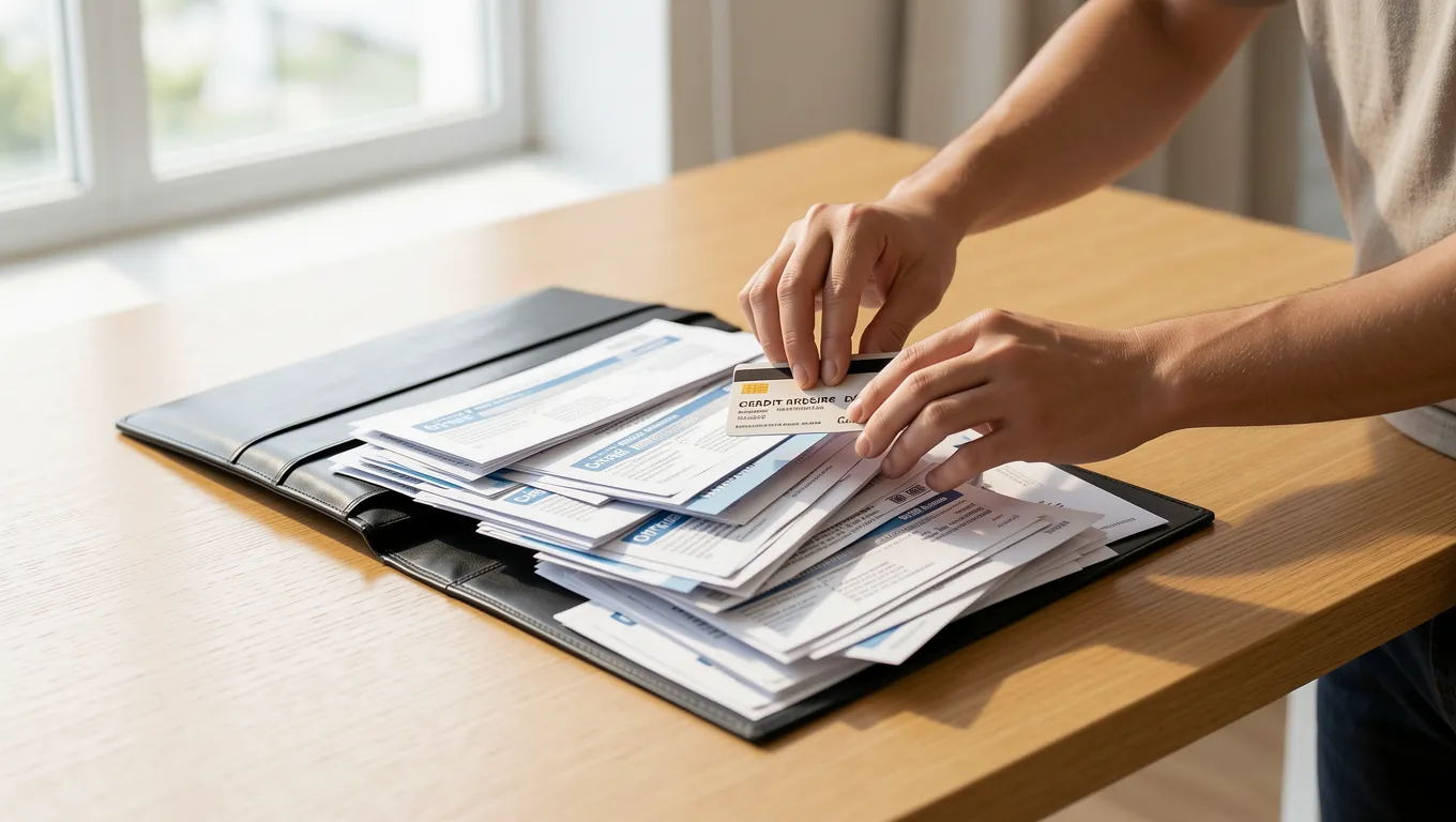 Person organizing various monthly bills to prepare for unsecured debt consolidation loans